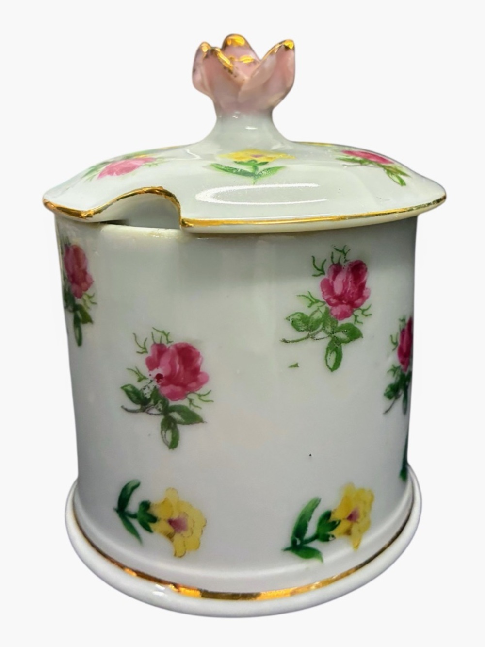 Vintage Floral Porcelain Sugar Jar w/ Rose Motif & Gold Trim